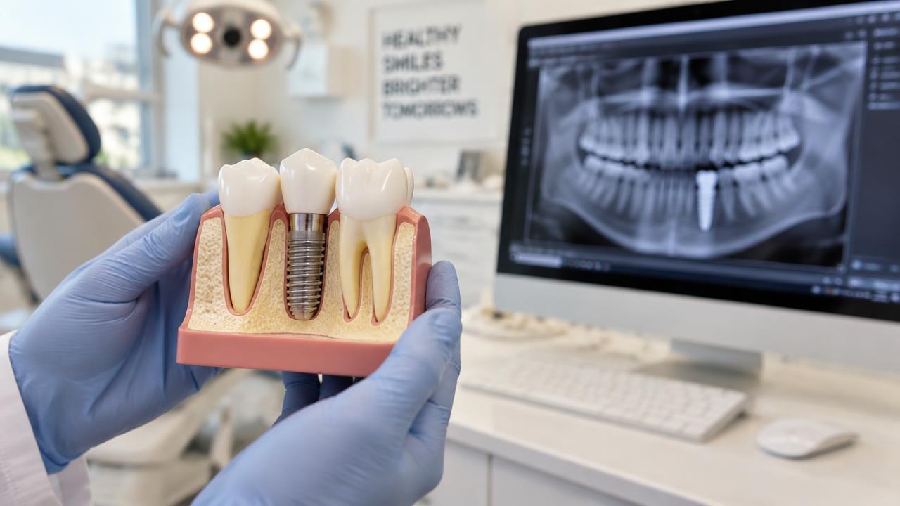 Dental implant model with titanium post shown beside a digital dental X-ray