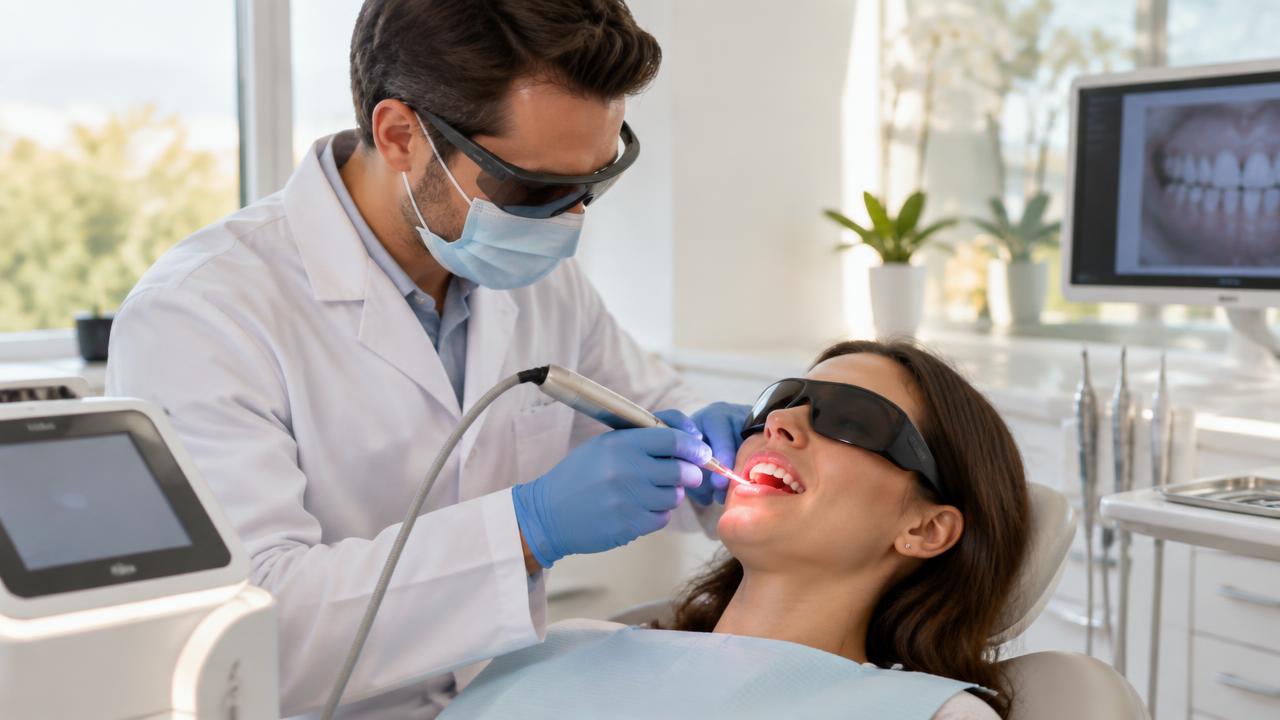 Dentist performing laser gum treatment on a patient at PM Dental Care, Perumbakkam